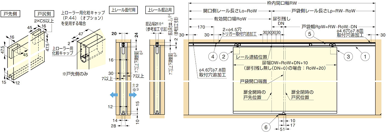 FD30EX 上吊式引戸 戸袋対応 デュアルソフトクローザー仕様 上ローラー木口掘込 扉加工寸法