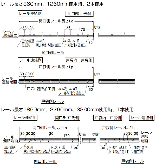 FD30EX 上吊式引戸 戸袋対応 デュアルソフトクローザー仕様 上ローラー木口掘込 戸袋専用上レール加工図