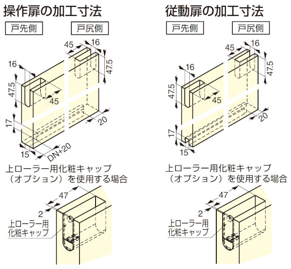 FD30EX 上吊式引戸 アウトセット デュアルソフトクローザー仕様 上ローラ木口掘込 扉加工寸法