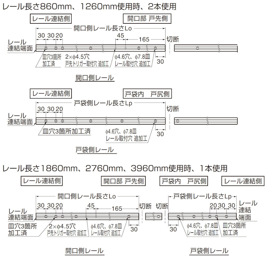 FD35EV 上吊式引戸 戸袋対応 デュアルソフトクローザー仕様 上ローラー木口掘込 戸袋専用上レール加工図