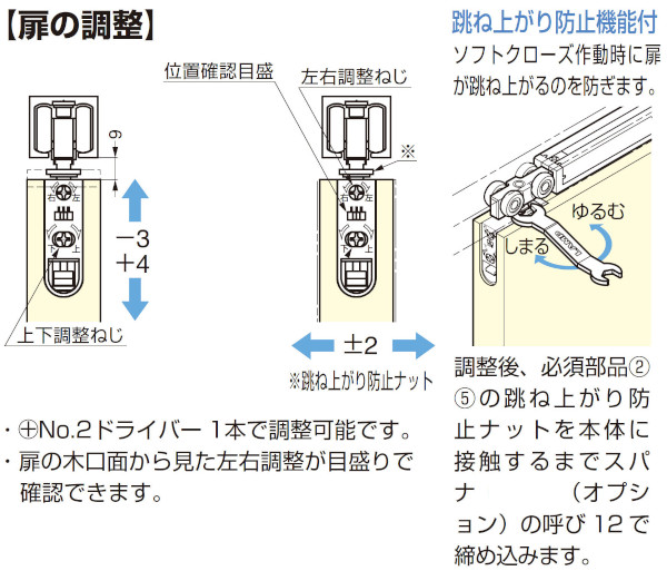 FD50 上吊式引戸 デュアルソフトクローザー仕様 上ローラー木口掘込 扉の調整