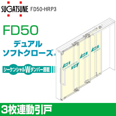 スガツネ工業/ランプ FD50 上吊式引戸 3枚連動引戸 デュアルソフトクローザー仕様 上ローラー木口掘込