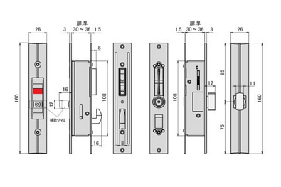 SEPA GA-900MF 引違戸 両面サムターン錠 寸法図