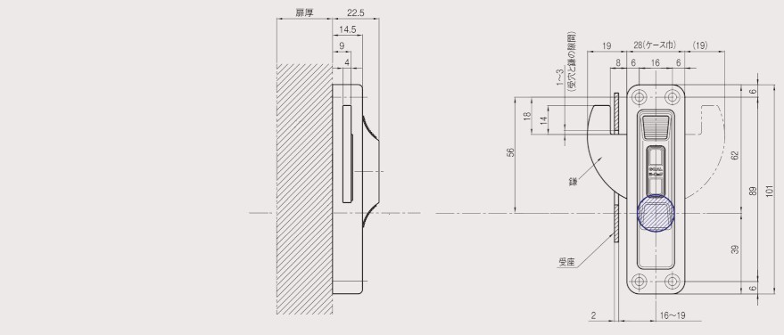 MS-3 面付本締鎌錠 外形図