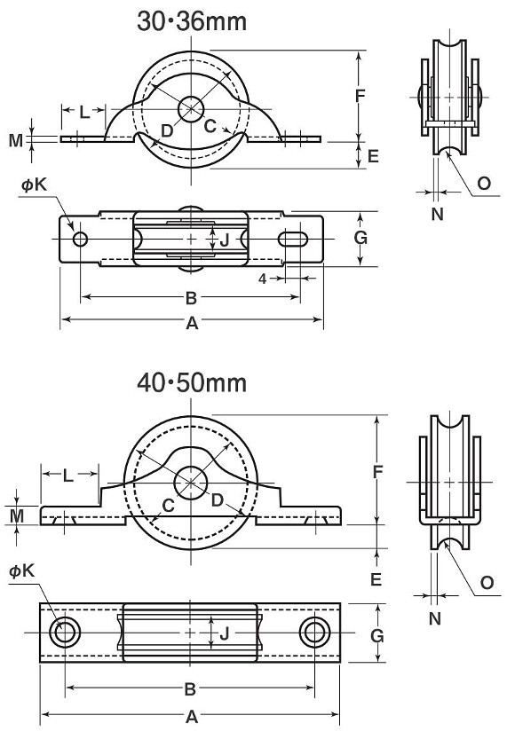 HGM ベアリング入鉄戸車 丸型 鉄枠 寸法図