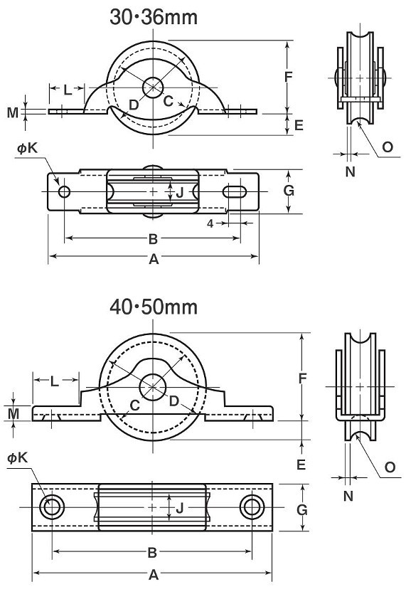 HGM ベアリング入鉄戸車 丸型 鉄枠 寸法図