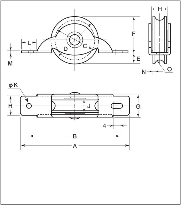 LP戸車プラス 丸型 鉄枠 寸法図