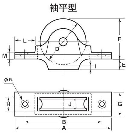 RJC 鋳物枠ローラー戸車 袖平型 寸法図