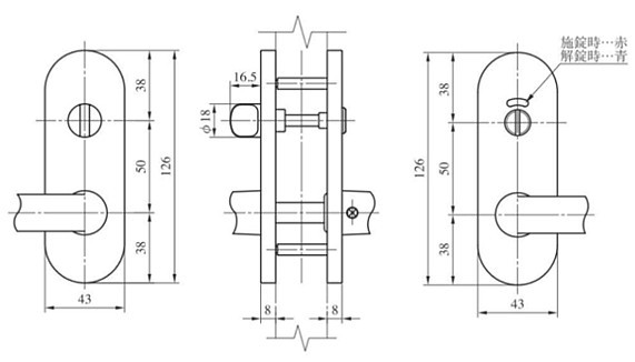 MIWA/美和ロック ZLT90111-8 レバーハンドル 長座 表示錠 寸法図