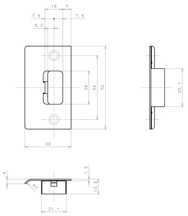 TXS-G11N 間仕切錠 特大座 ストライク寸法図