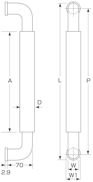 W-5000 ナチュラルO型ハンドル 両面用 30φ 300mm鏡面クローム 寸法図