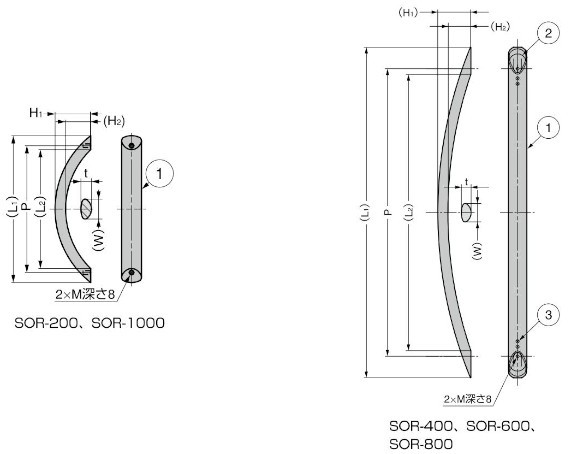 SOR型 アルミ弓形ハンドル 寸法図