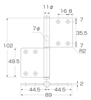 MK S-45R ステンレスSUS304 ルーム丁番2R（両面皿）寸法図