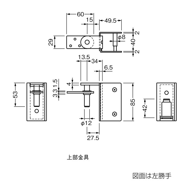 ベスト/BEST No.1602CT 左右勝手あり グレビティヒンジ テラゾー用 ケンドン式（ドア厚：40mm）寸法図