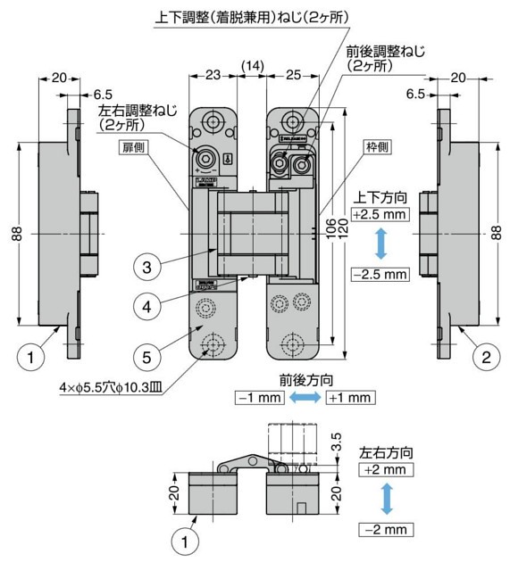 HES3D-120 三次元調整機能付隠し丁番 寸法図