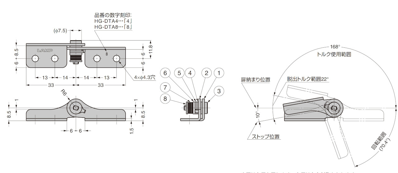 HG-DTA型 ディテントトルクヒンジ 寸法図