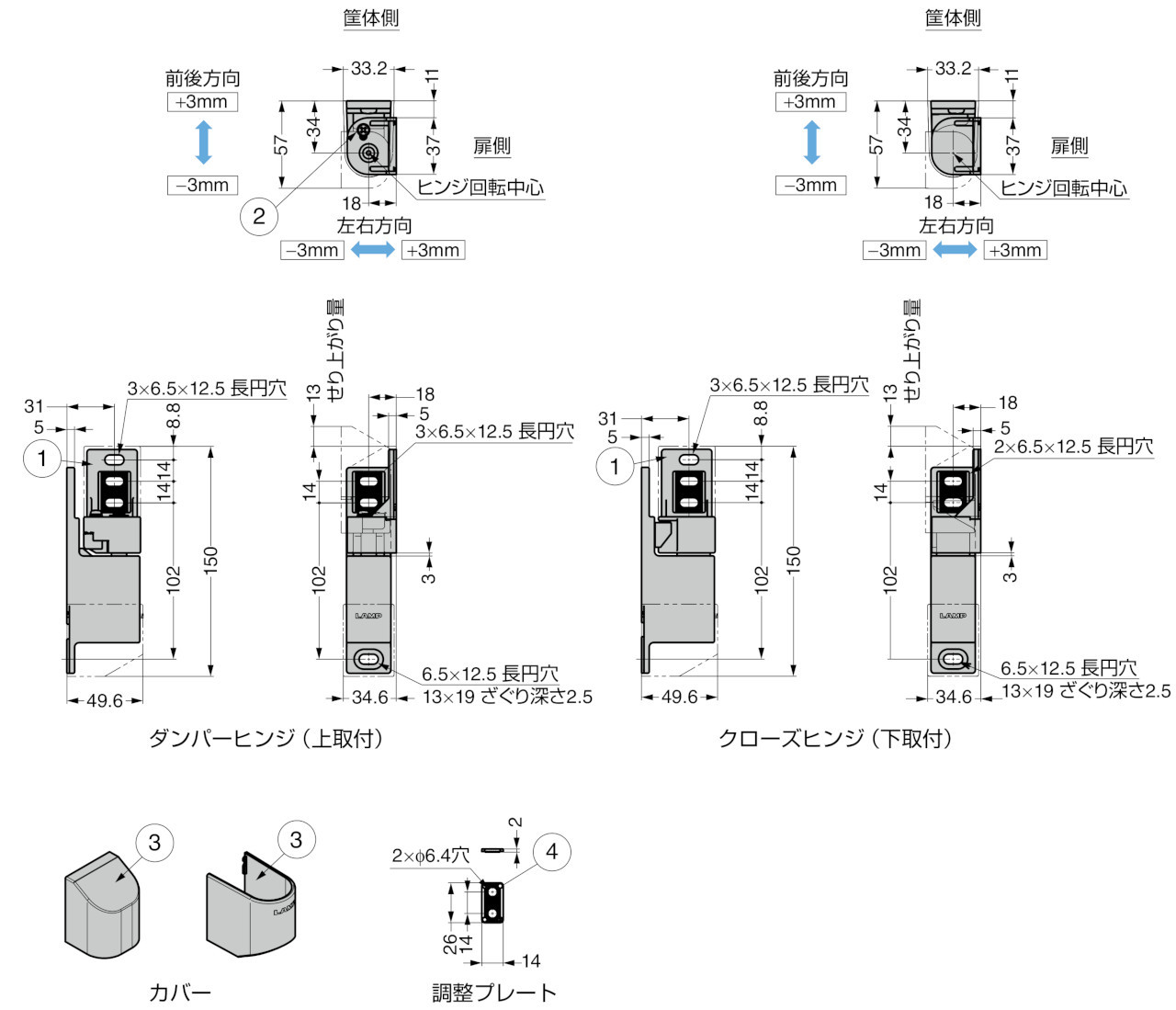 スガツネ工業/ランプ HG-JG150型 グラビティーソフトクローズヒンジ 寸法図