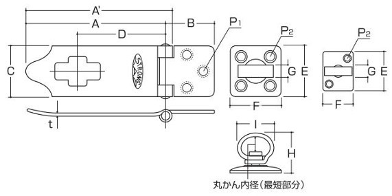 ストロング掛金 A型 鉄製グリーン 寸法図