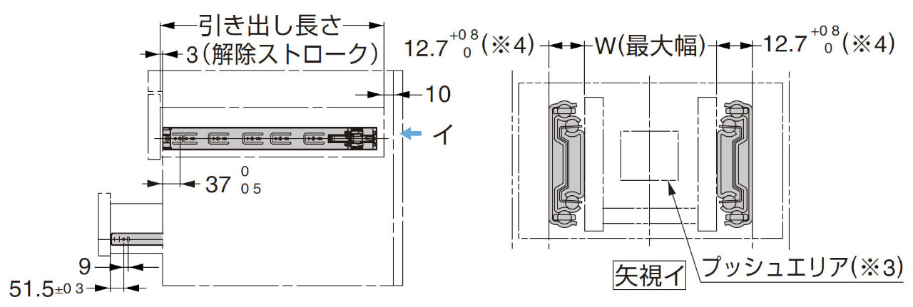 4660 スライドレール キャビネット最小奥行寸法=引き出し長さ+10mm