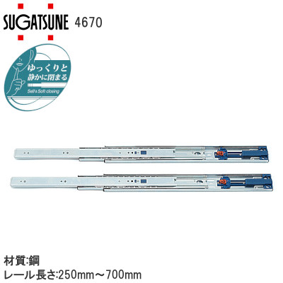 スガツネ工業/ランプ 4670 3段引スライドレール セルフ＆ソフトクロージング機構付 L=250～650mm ※左右1組