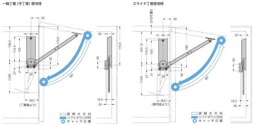 ソフトダウンステー 重量扉用 HDS-30型 2本使い用 取付図