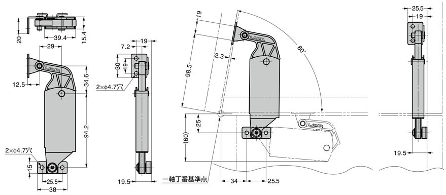 S-AT型 パワーアシストステー S-AT01・S-AT02 側板付 寸法図
