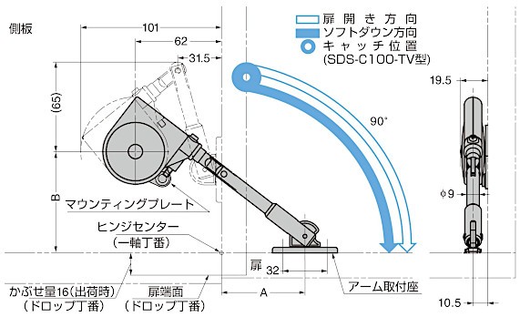 SDS-100-TV型・SDS-C100-TV型 ソフトダウンステー 取付図