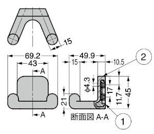 PXB-GR05-212型 フック ツインタイプ ゴムレンジャーシリーズ 寸法図