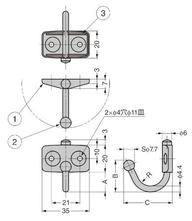 TK型 ステンレス鋼製玉付回転フック 寸法図