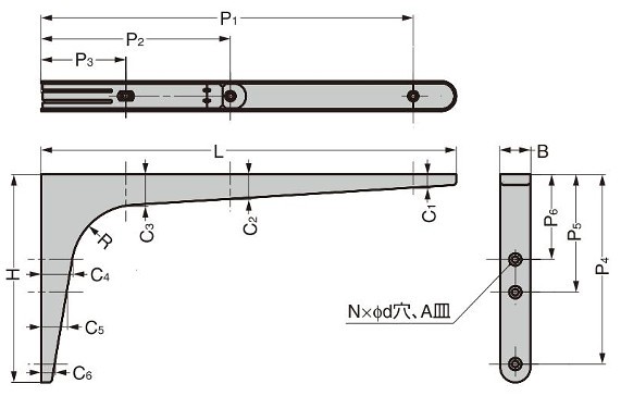 BTK-UB型 鋼製棚受 コンパクトタイプ 寸法図