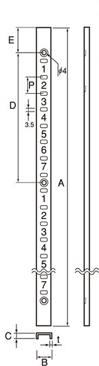 ステンレス製棚受け用柱（SUS430）20ピッチ 寸法図
