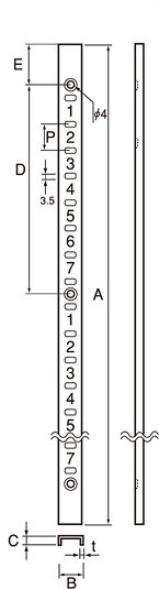 ステンレス製棚受け用柱(SUS430)20ピッチ 寸法図