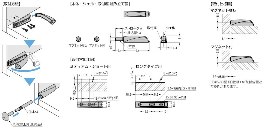 IT5700型 スリムプッシュラッチ 本体 調整機能付 面付仕様