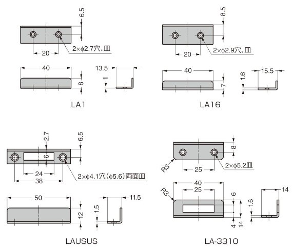 Ｌ型アングル受座 面付錠用  寸法図