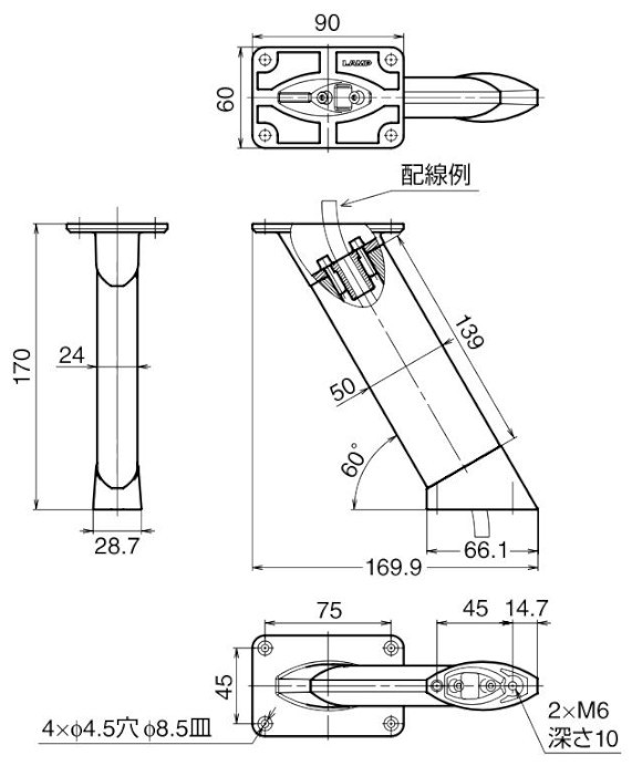 CTB50-PM60-170型 カウンター用支柱金物 60°天板裏止め仕様 スリムタイプ 寸法図