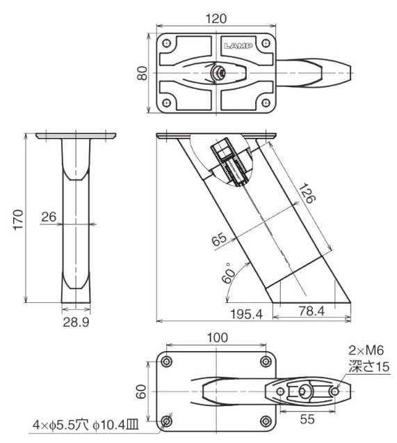 CTB65-PM60-170型 カウンター用支柱金物 60° 天板裏止め仕様 寸法図