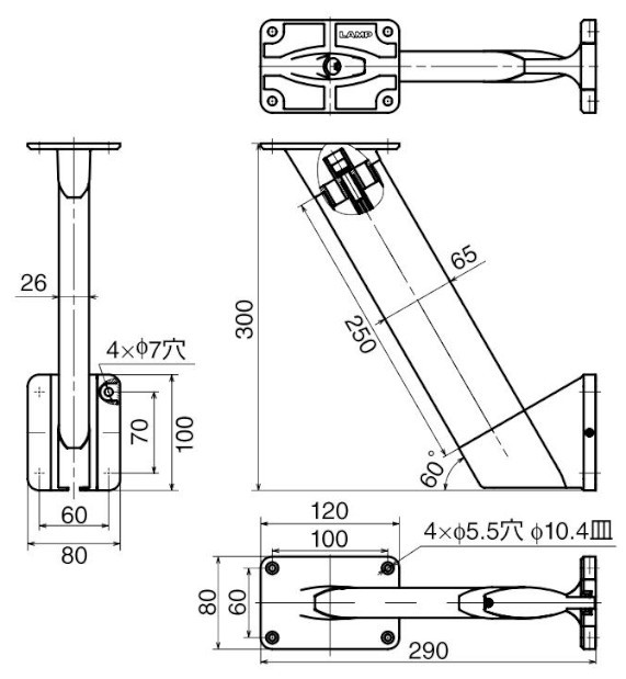 CTB65-VM60-300型 カウンター用支柱金物 60°壁面面付仕様 寸法図