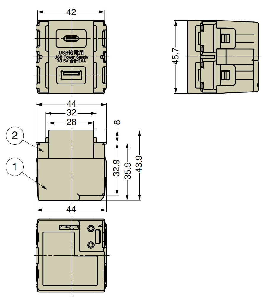 DM2-CA3型 埋込充電用USBコンセント 寸法図