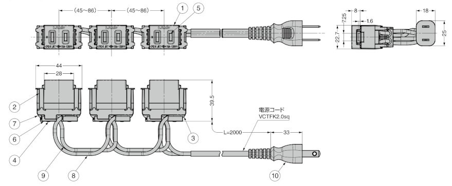 DM-A型 結線済コンセント DM3-A3 寸法図